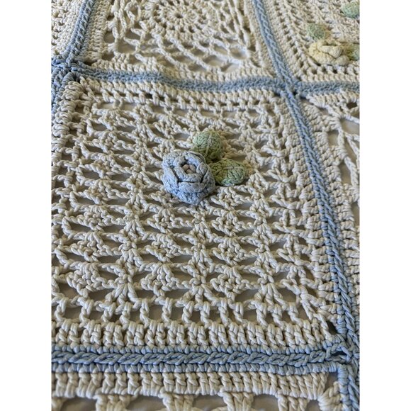 Handmade Crochet Wool Throw Blanket 47x57 3D Floral Squares Blue Border Cottage - Picture 16 of 16